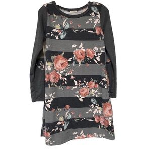 Viamor Sweatshirt Dress Gray Long Sleeves Elbow Patches & Floral Striped patter